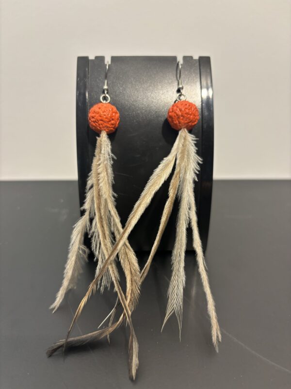 Earrings - Orange painted quandong seed and feathers
