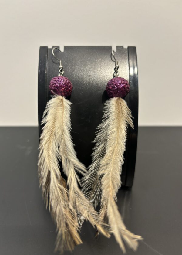 Earrings - Dark purple painted quandong seed and feathers