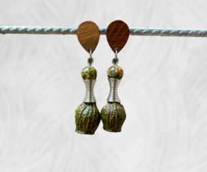 Painted gumnut & green and pink unakite earrings by Dja Yingila