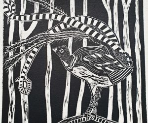 Lyre Bird framed lino print by Krishna Heffernan