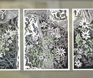 Flannel Flowers Triptych framed lino prints by Krishna Heffernan